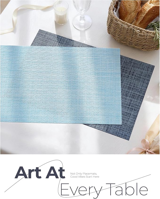 Leetaltree Soft Sky Blue Woven Placemats Set of 12 - Heat Resistant Non-Slip Place mats for Dining Table, Washable Durable PVC Vinyl Woven Table Mats(Sky Blue, 12)