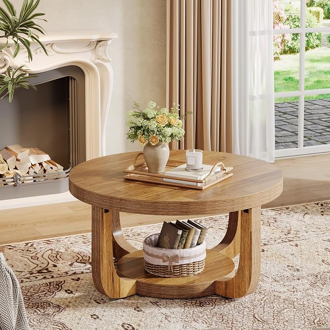 Tribesigns Round Coffee Table, 2-Tier Circle Coffee Table with Storage, Modern Wooden Accent Center Table for Living Room, Thick Tabletop & Base (Rustic Brown)