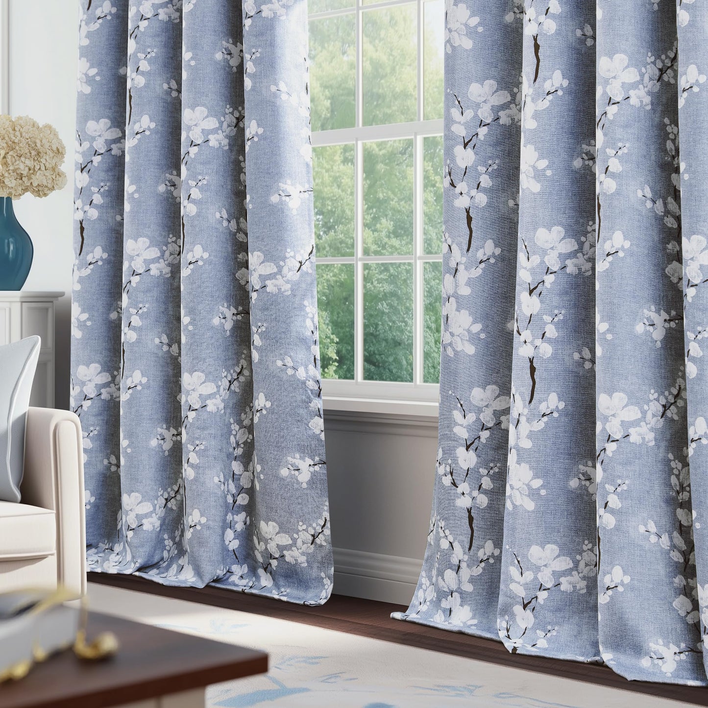 FMFUNCTEX 100% Blackout Floral Curtains for Bedroom, Blue Curtains 84 inches Long Blossom Flower Patterned for Living Room,Thermal Insulated Farmhouse Drapes, Grommet Top 2 Panels (White on Blue)