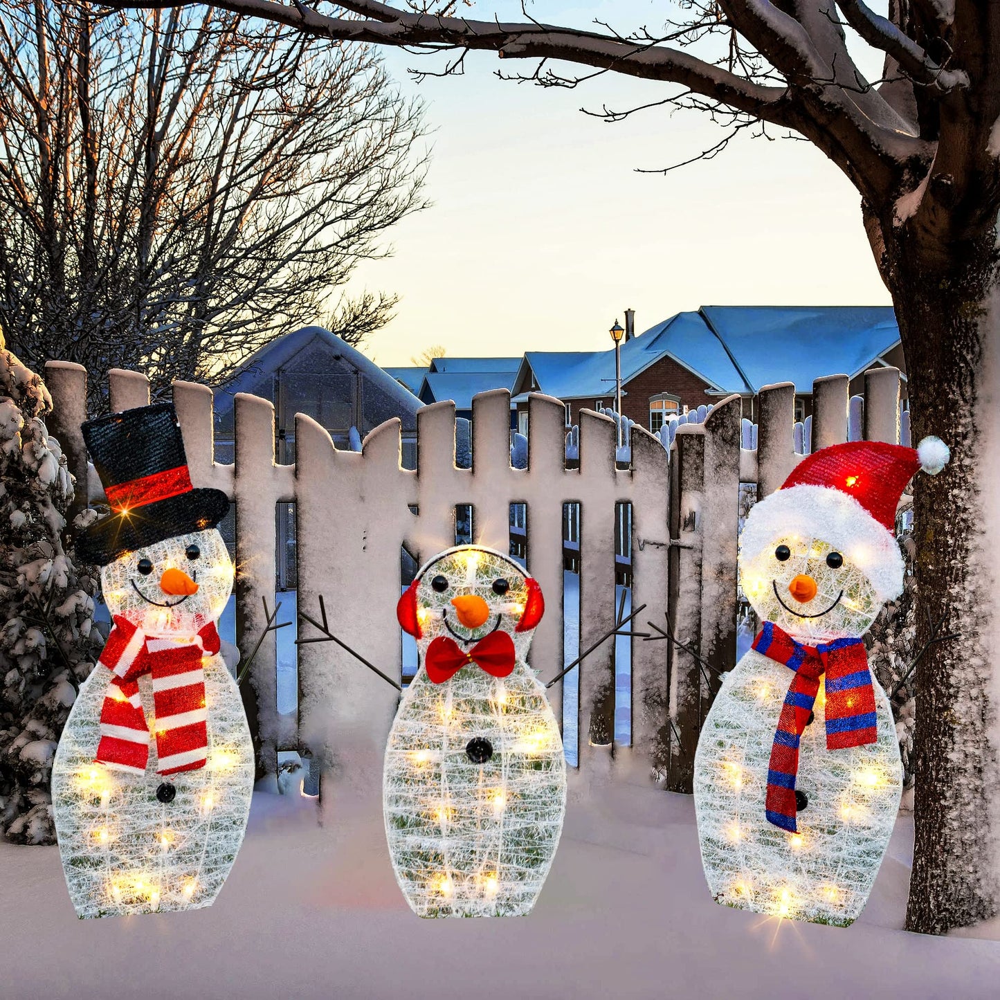 HOURLEEY Christmas Decoration 60 L Lighted Snowman Family Outdoor, 3-Piece Waterproof Plug in 2D Snowman for Yard Patio Lawn Garden Party Decor 29X12.2Inch-Large (Warm White)