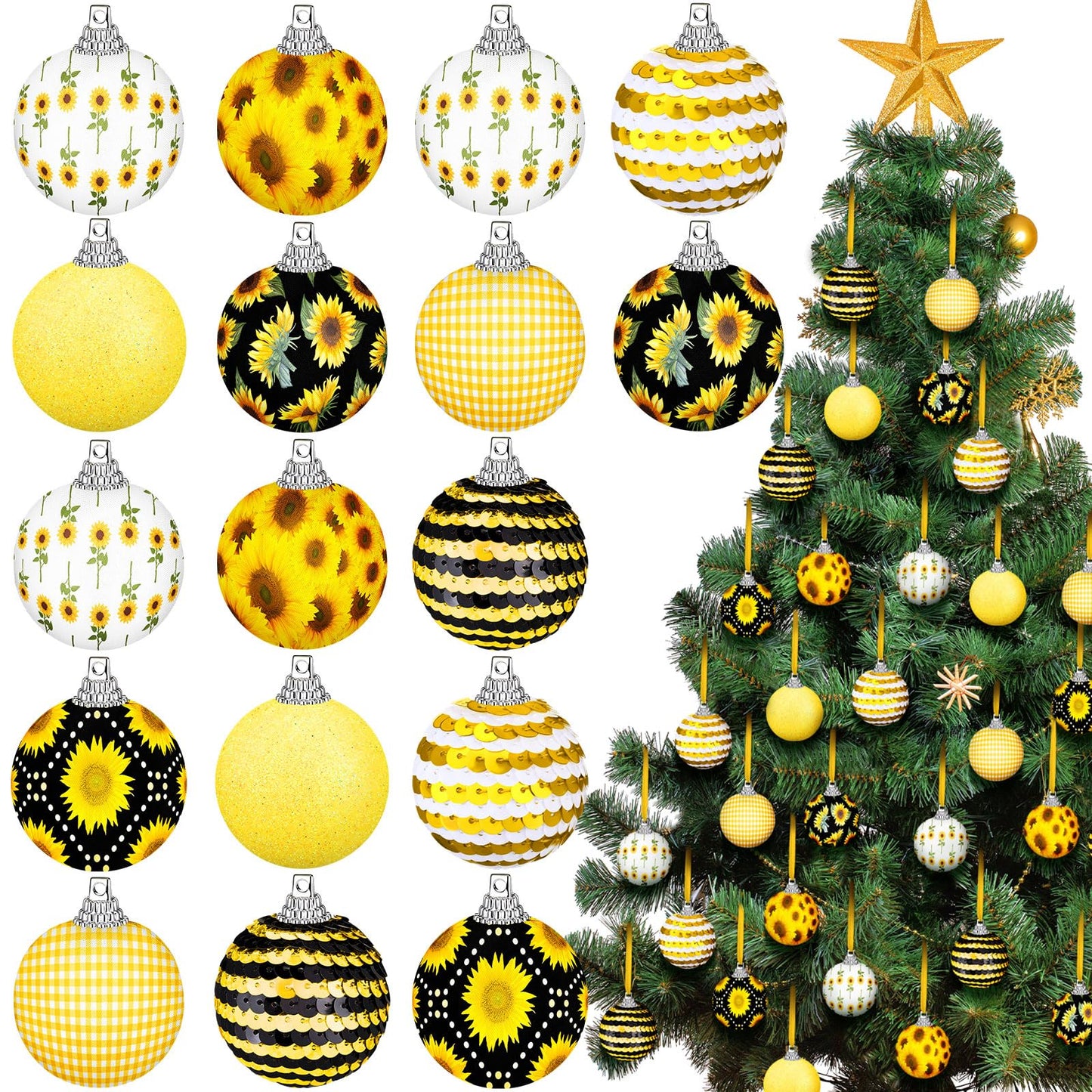Zeyune 16 Pcs Sunflower Tree Ornaments Summer Decorations for Small Tree Yellow Sequin Ball Ornaments Sunflower Hanging Decorations with Ropes for Summer Holiday Party Supplies(Cute)