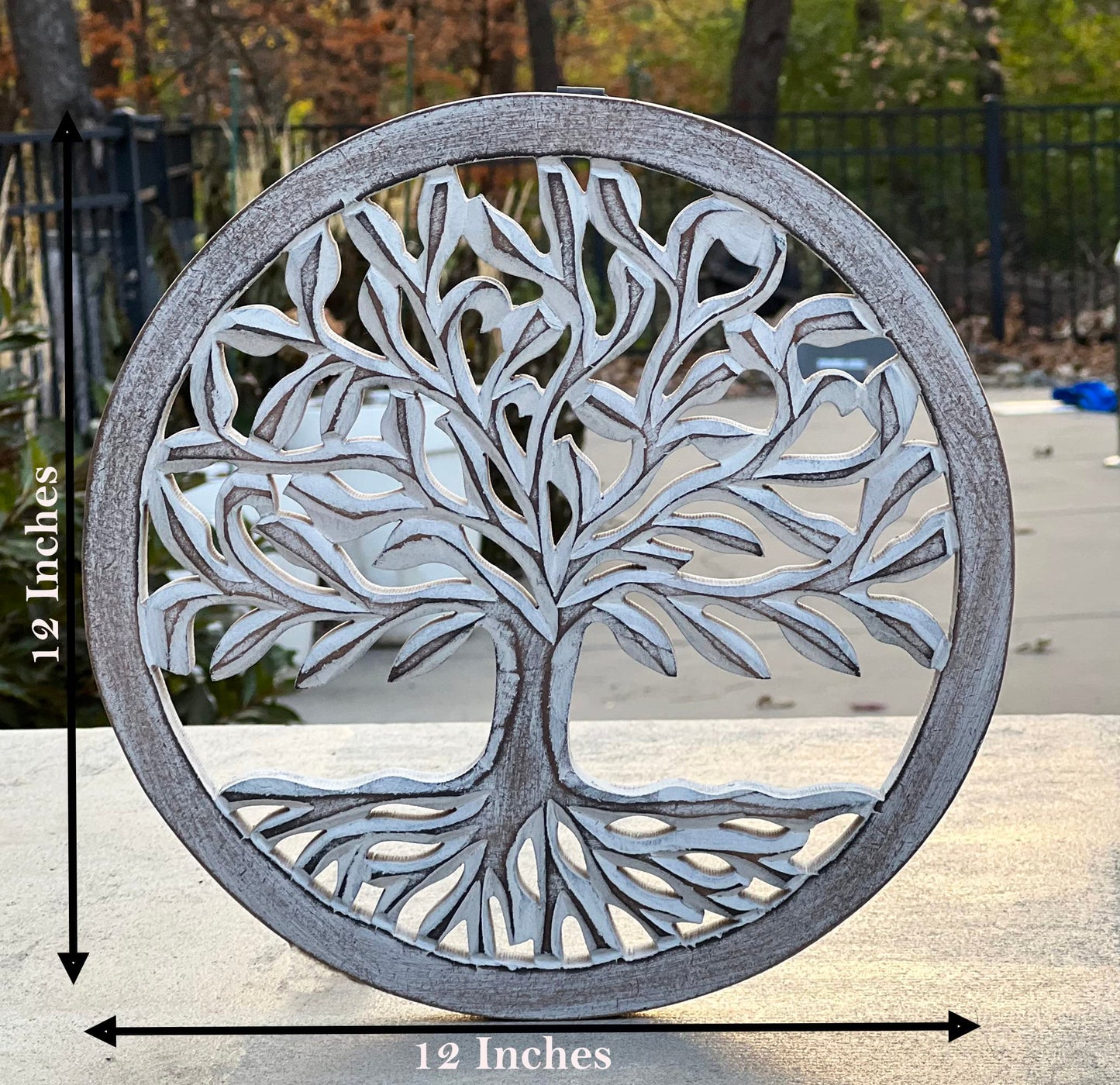 Wooden White Wash Tree of Life Wall Art Panel – 12 Inch Round Wood Carved Wall Hanging Sculpture | Indoor Outdoor Tree of Life Altar Panel Home & Office Wall Décor
