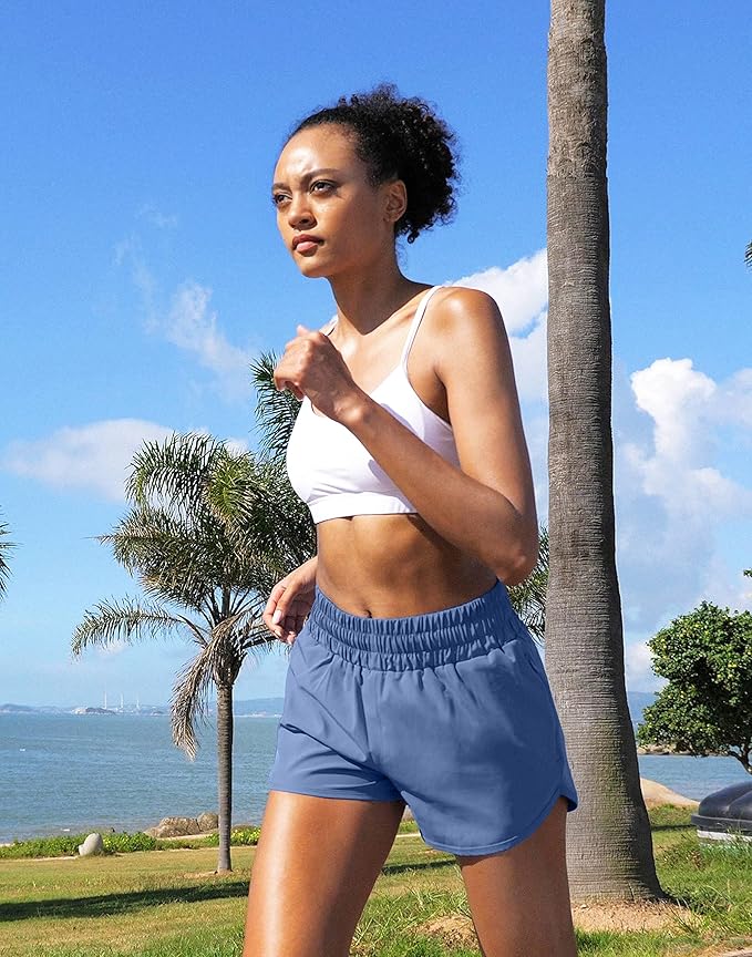 SANTINY Women's Running Shorts with Zip Pockets High Waisted Athletic Workout Gym Shorts for Women with Liner