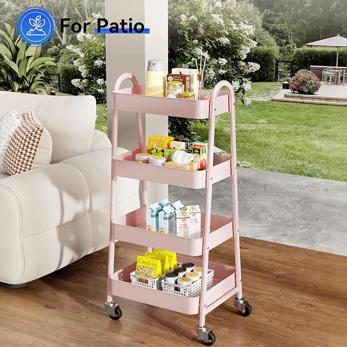 OLIXIS Metal 4 Tiers Utility Rolling Cart, Mobile Storage Shelf with Lockable Caster Wheels, Organization for Livingroom, Bathroom & Narrow Places, 4-Tier Pink