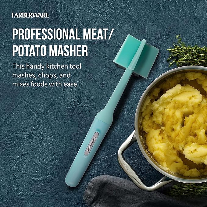 Farberware Heat Resistant Nylon Meat and Potato Masher, Safe for Non-Stick Cookware, Aqua Sky