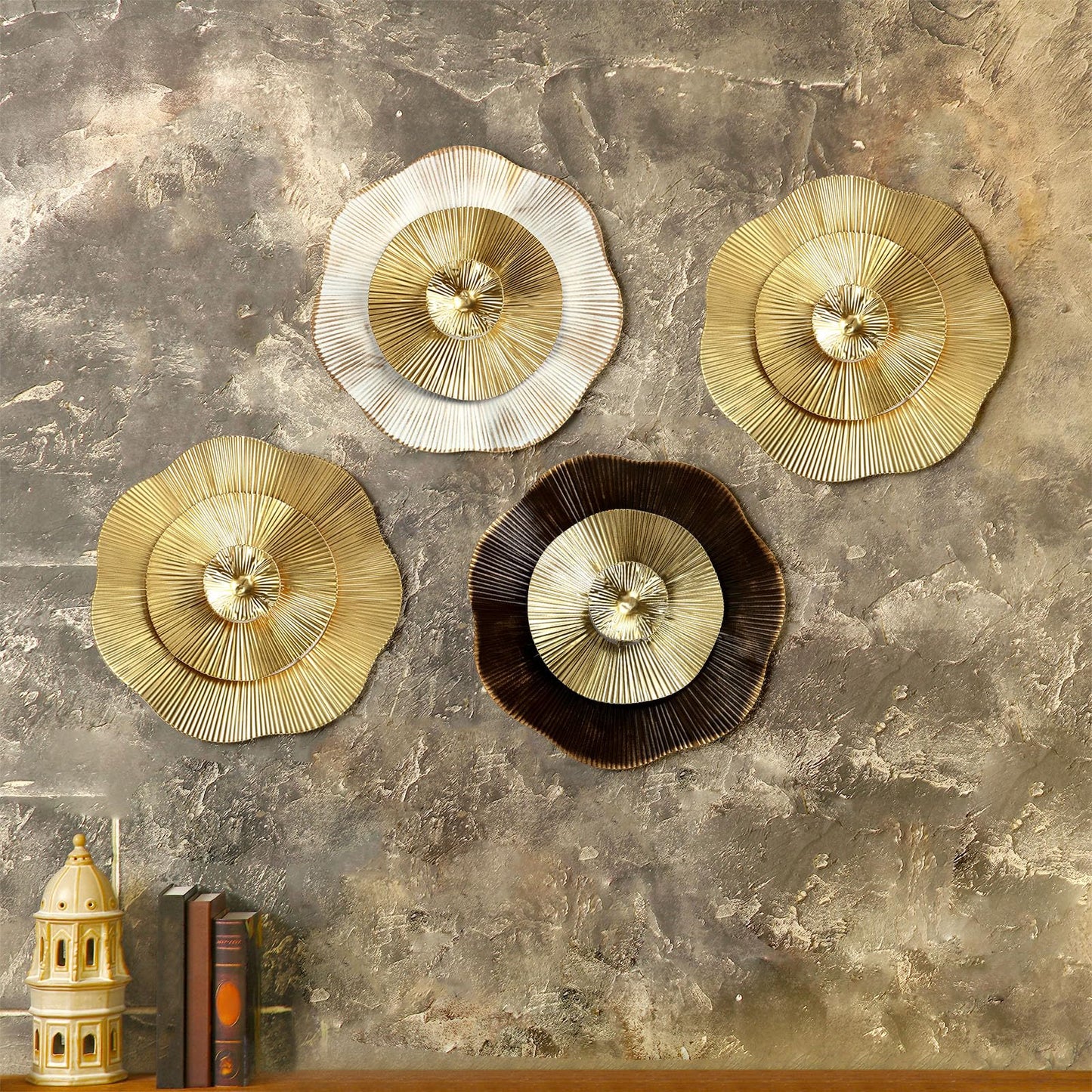 Shimeyao 4 Pcs 12 Inch Gold Wall Decor Metal Flower Plate Art Hanging Wall Decorations Modern Metai Decorations for Home Living Room Office Bedroom Bathroom Floral Sculpture
