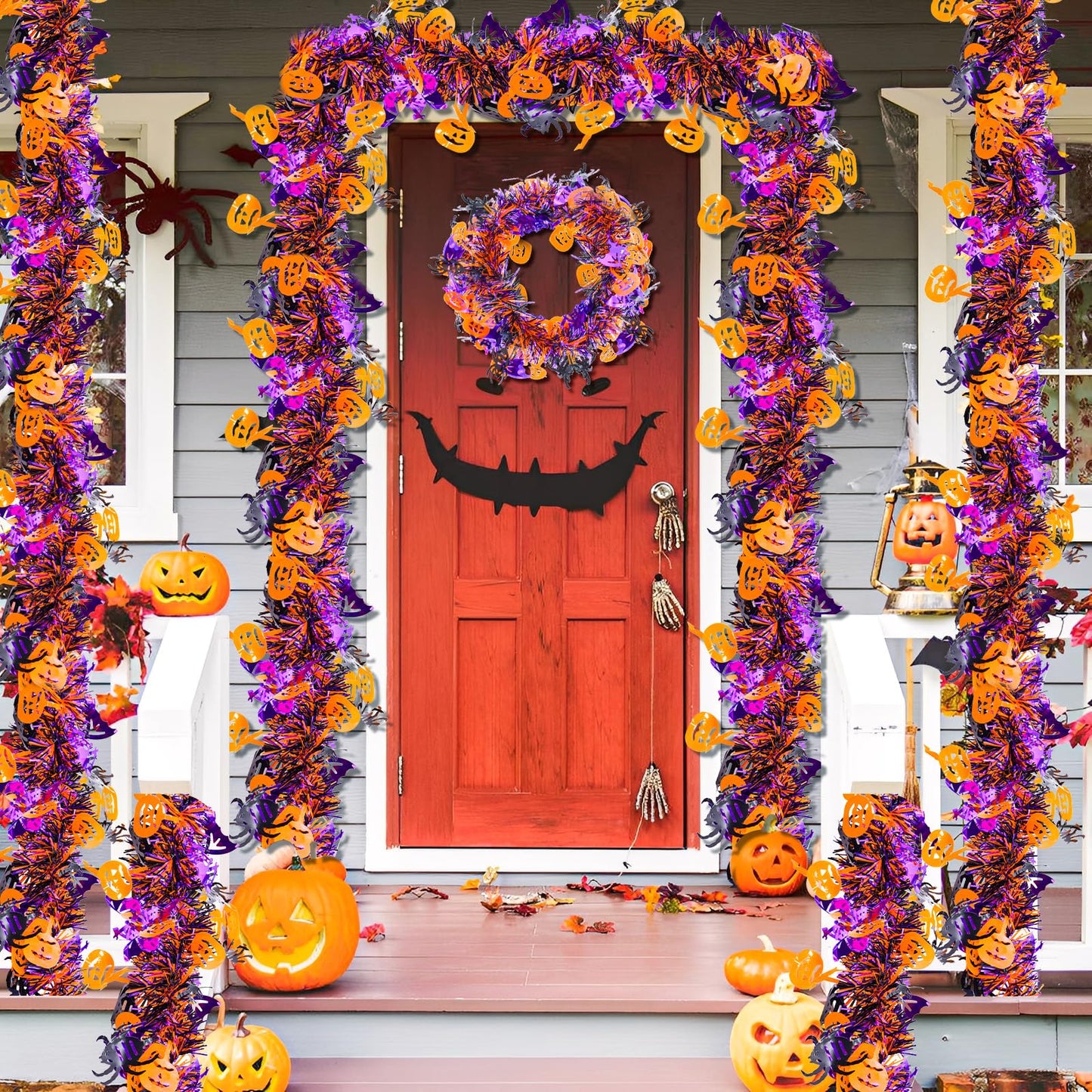 4 Strings Total 26.4 ft Halloween Tinsel Garlands – Each 6.6ft Black Orange Purple Bats Pumpkins Spiders Fringe Garland for Halloween Parties, Haunted House, and Spooky Decorations