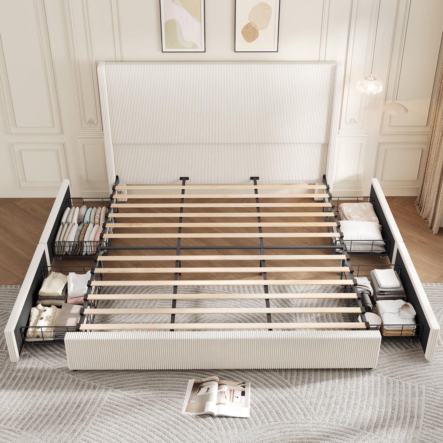 IDEALHOUSE King Size Bed Frame with Storage Drawers, Corduroy Upholstered Platform Bedframe with Wingback, Headboard and Footboard, No Box Spring Needed, Beige