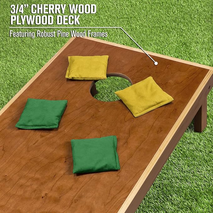 GoSports 4 ft x 2 ft Commercial Grade Cornhole Boards Set - Natural Wood Cornhole Boards, Choose from Different Bean Bag Color Combinations - Dark Green & Gold