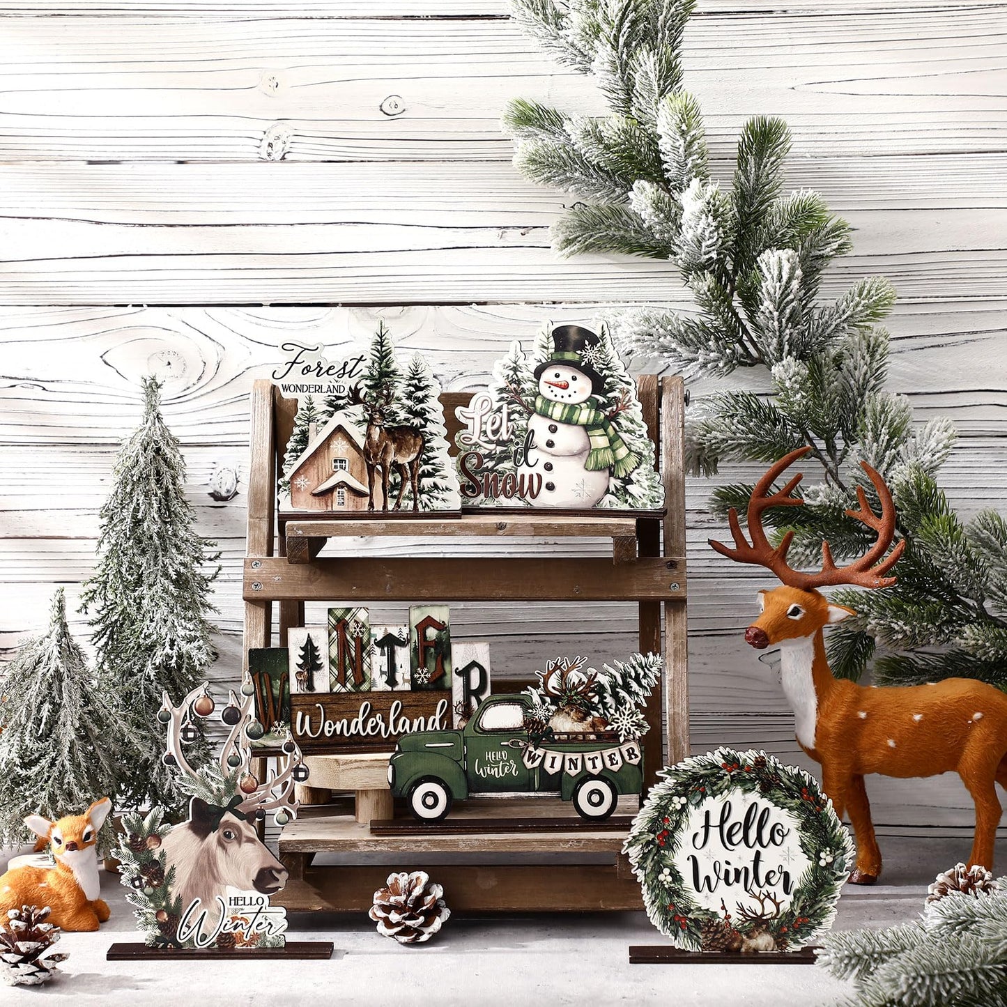 Yuntau 6 Pcs Winter Wonderland Wooden Table Decorations Christmas Wood Tabletop Sign Centerpiece Rustic Decorations for Office Farmhouse Home Decor