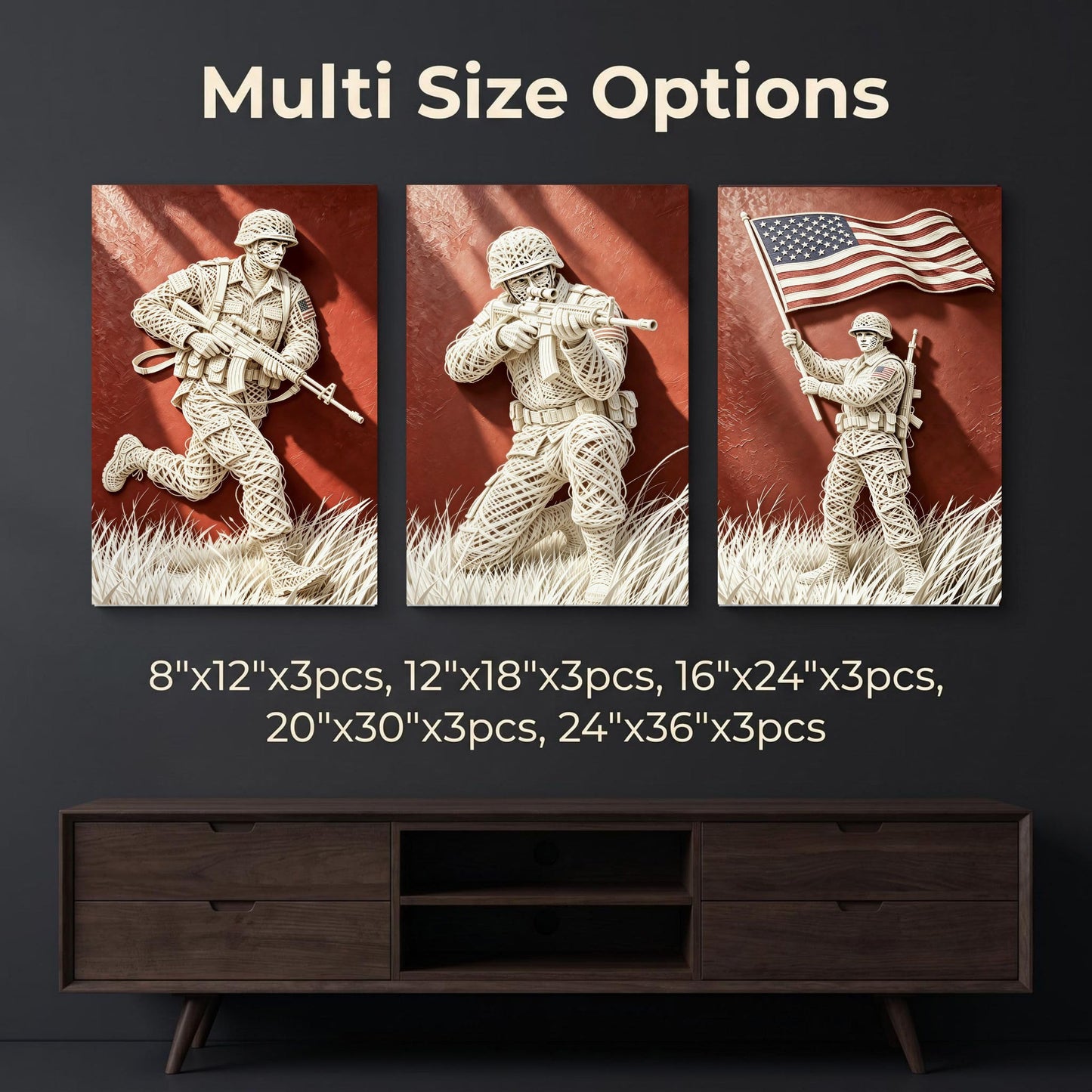 DIIMOST 3 Piece Faux Wire Art US Soldier Canvas Triptych, Patriotic Military Decor Set for Large Wall, Living Room, Office & Veteran Gift,(16×24inch*3)