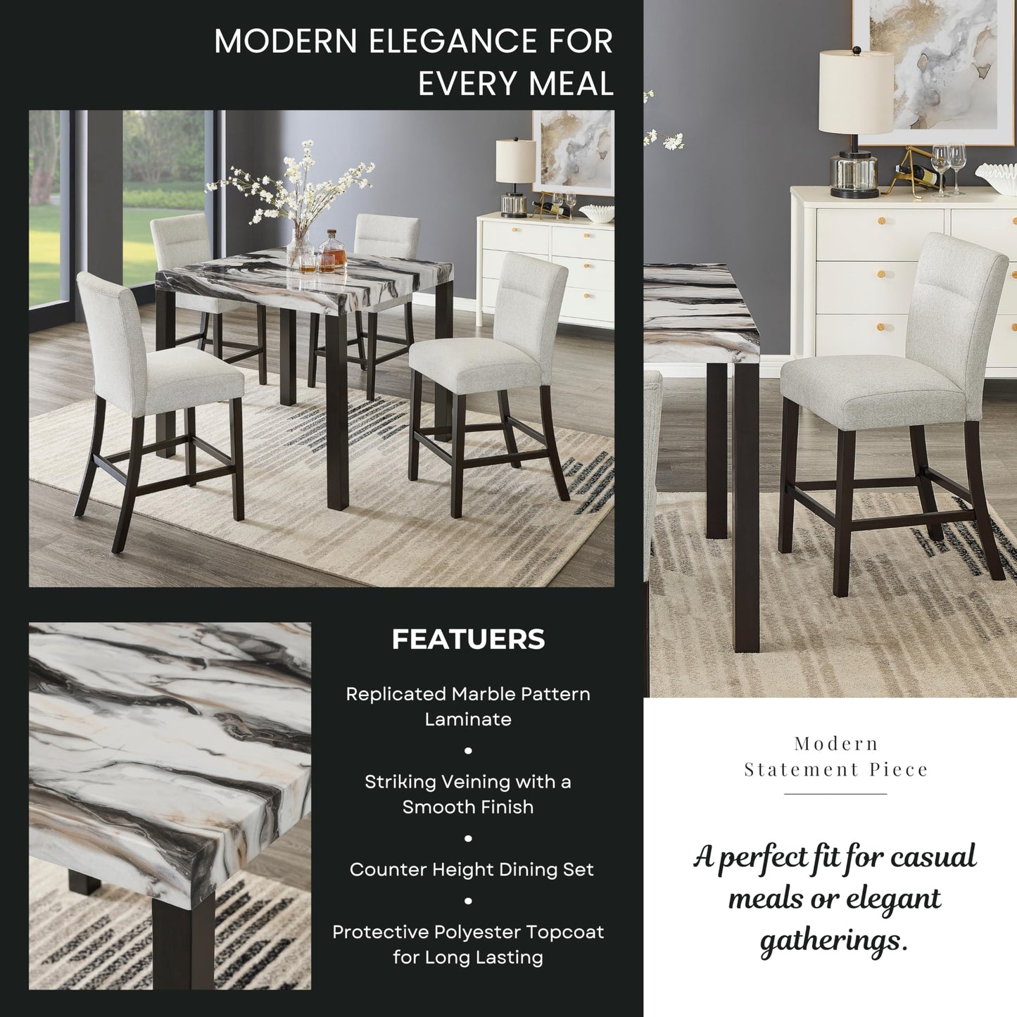 Roundhill Furniture Cavira Modern Faux Marble Counter Height Dining Table with 4 Stools