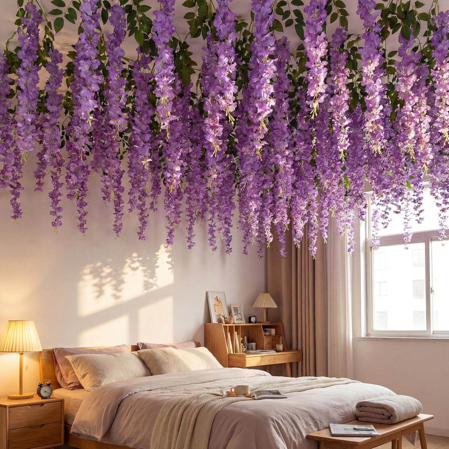 Giegxin Purple 26 Pcs 3D Wisteria Tree for Classroom Room Ceiling Wall Decor Bulletin Board Large Wisteria Garland with 5 Metal Mesh Panel Artificial Fake Hanging Flower Wedding Bedroom Backdrop