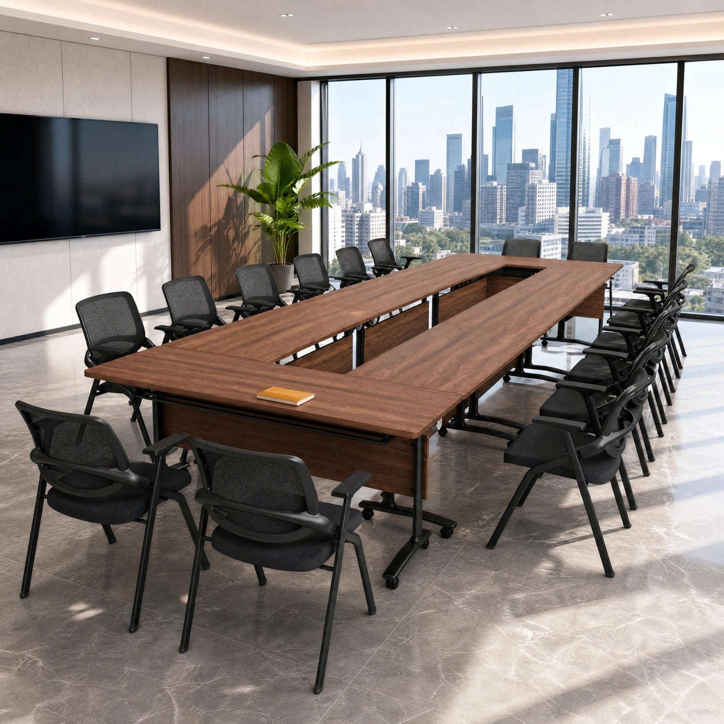 Modular Folding Conference Room Table with Wheels - 6 Pack Flip Top Mobile Training Table,Modern Meeting Tables 2-30 Person,Walnut,61"x 19.6"x 29.5"