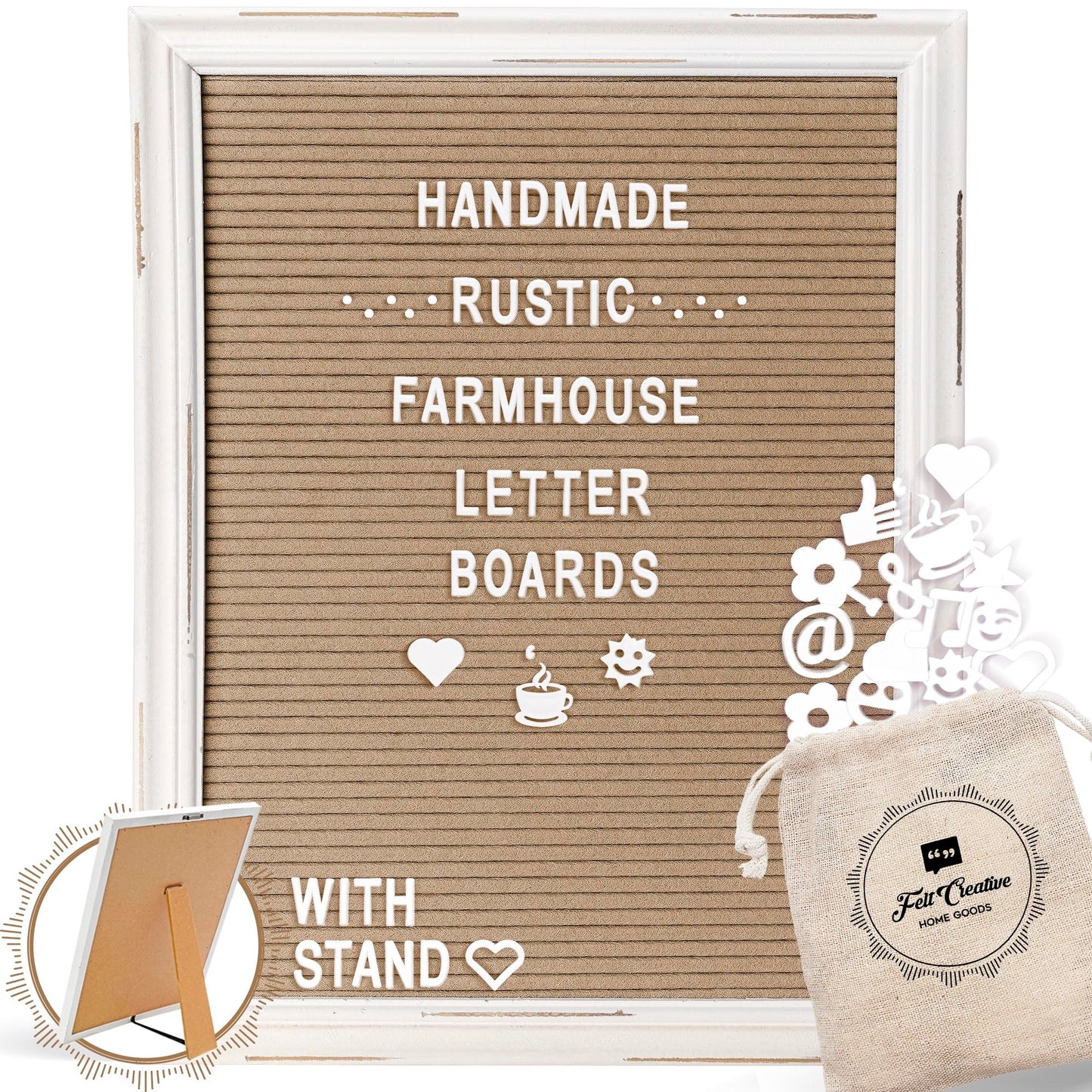 Cappuccino Felt Letter Board Back to School Sign with Rustic Wood White Frame - Farmhouse Letter Board Sign with Stand - Baby Announcement 12x16 Felt Board Changeable Message Board with 350 Letter Set