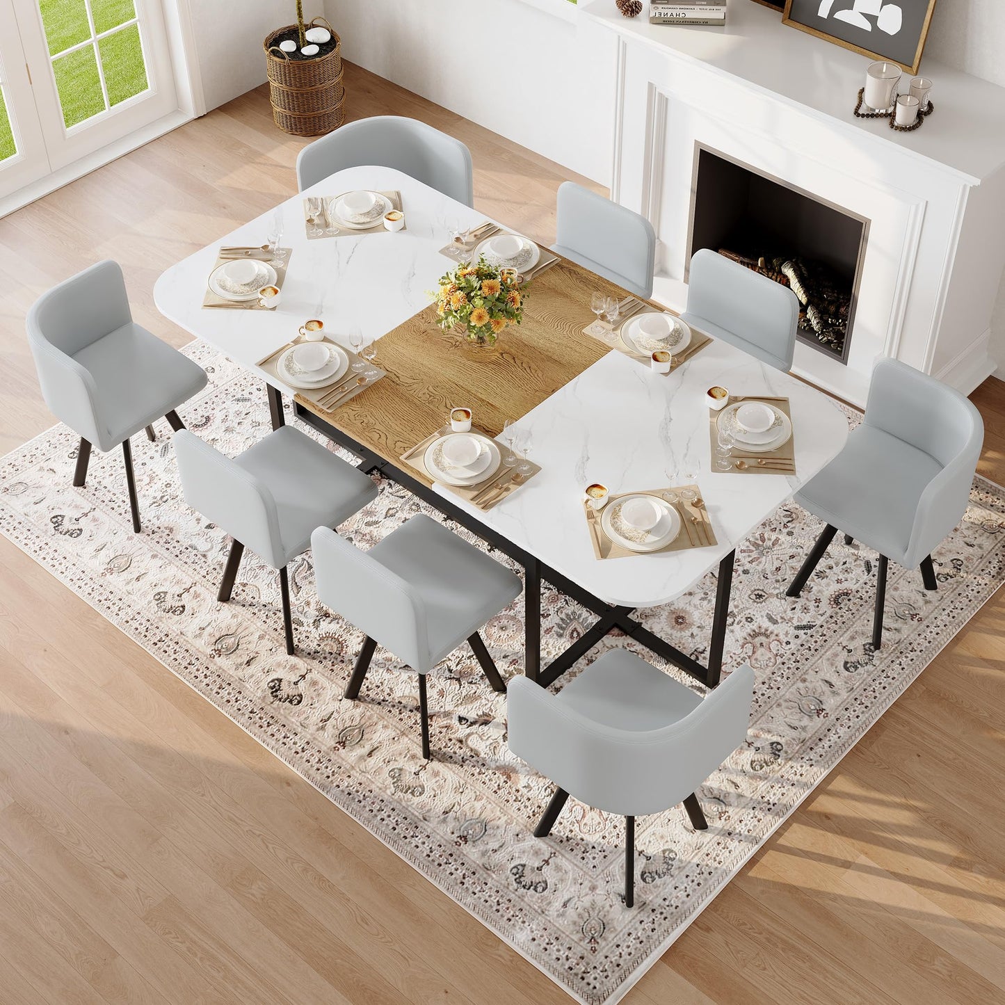KEIKI 79" Dining Table Set for 8, Rectangular Kitchen Table Set with White Faux Marble & Wood Grain Top, Modern Dining Room Set with 8 Gray PU Leather Chairs, Large Family Dining Table Furniture