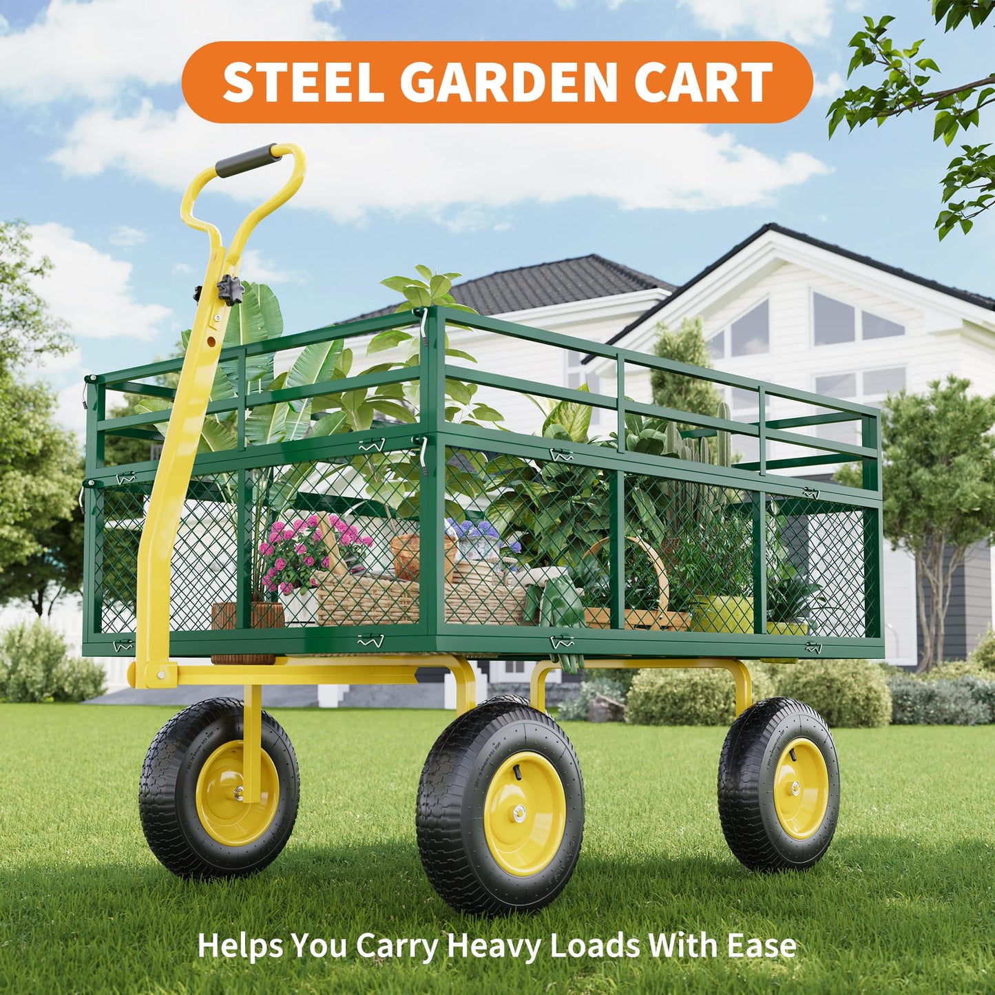 3-in-1 Heavy-Duty Steel Garden Cart, 1400 Lbs Garden Wagon, with 13 Inch All-Terrain Tires and Removable Mesh Side Panels, 180° Rotating Handle, Metal Utility Yard Trailer, Outdoor Gardens Wagon Cart