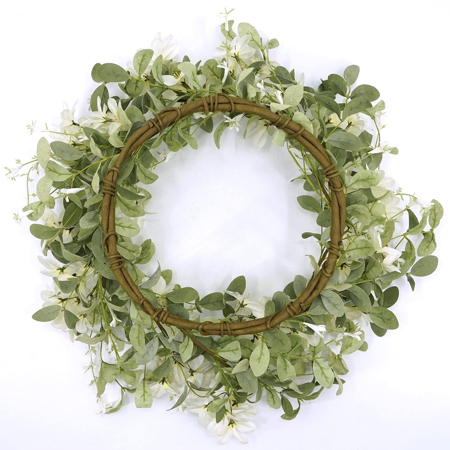WreathDream 18'' Spring Wreath Summer Wreath for Front Door with Green Eucalyptus Leaves and White Cherry Blossoms for Home Outdoor Farmhouse Porch Wall Decoration, White Gift Box Included