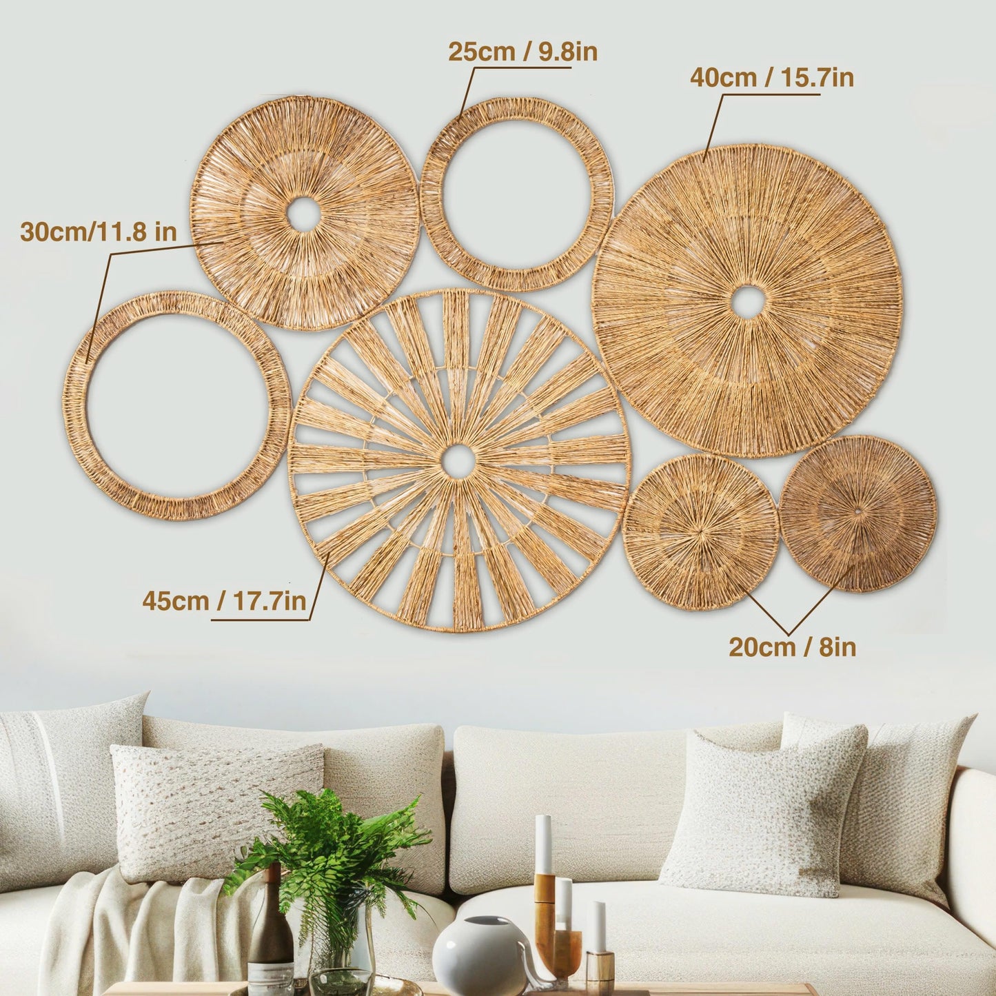 Xavia Handicrafts Set of 7 Boho Wicker Rattan Plate Basket For DΓ©cor Hanging Wall | Large Woven Farmhouse Rustic Bohemian Art Baket Hangings For Decorative Home, Bedroom, Living Room, Kitchen, Bathroom