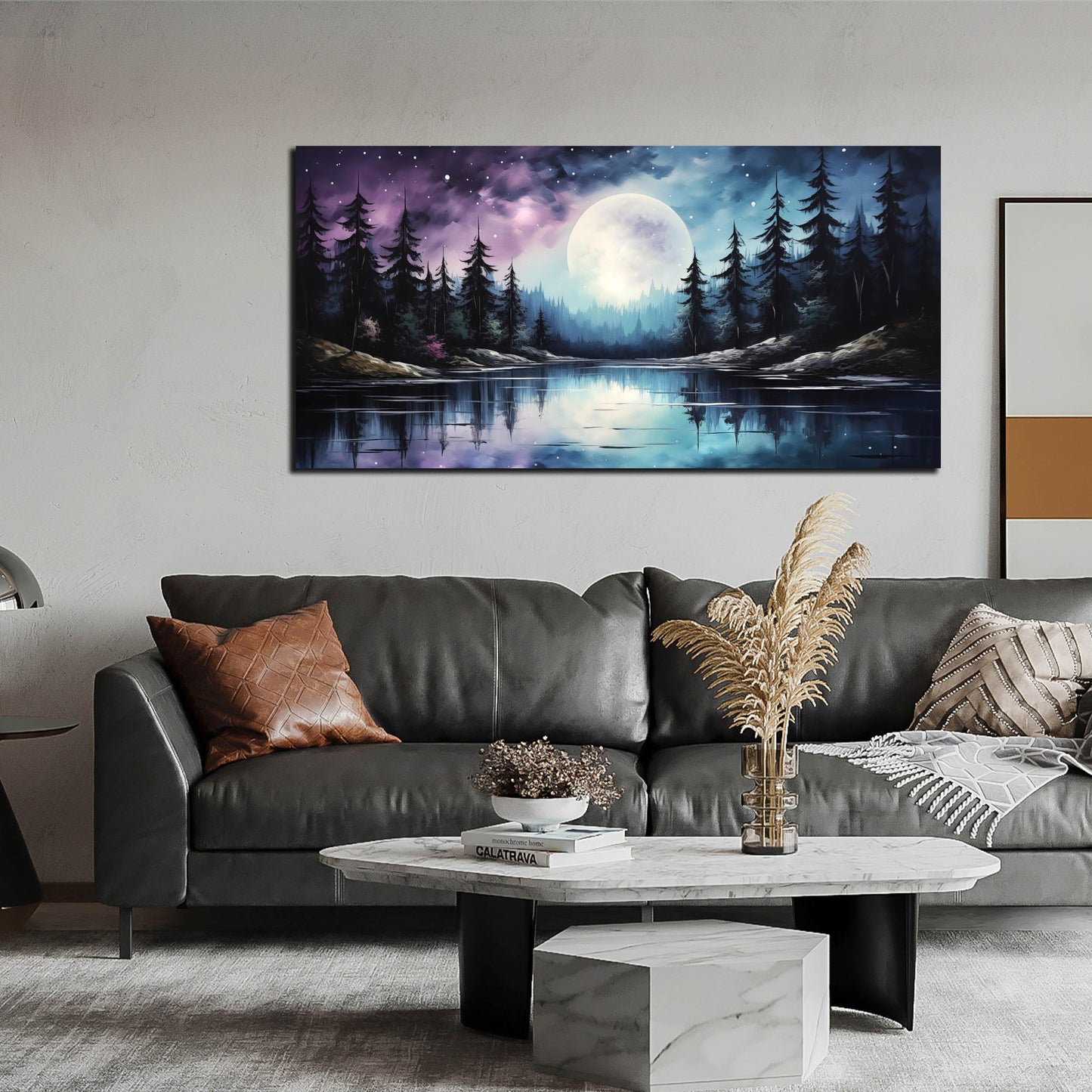AOZEMI Large Forest Wall Art Landscape Canvas Moon Pictures for Living Room Office Bedroom Modern Nature Wall Decor 24x48