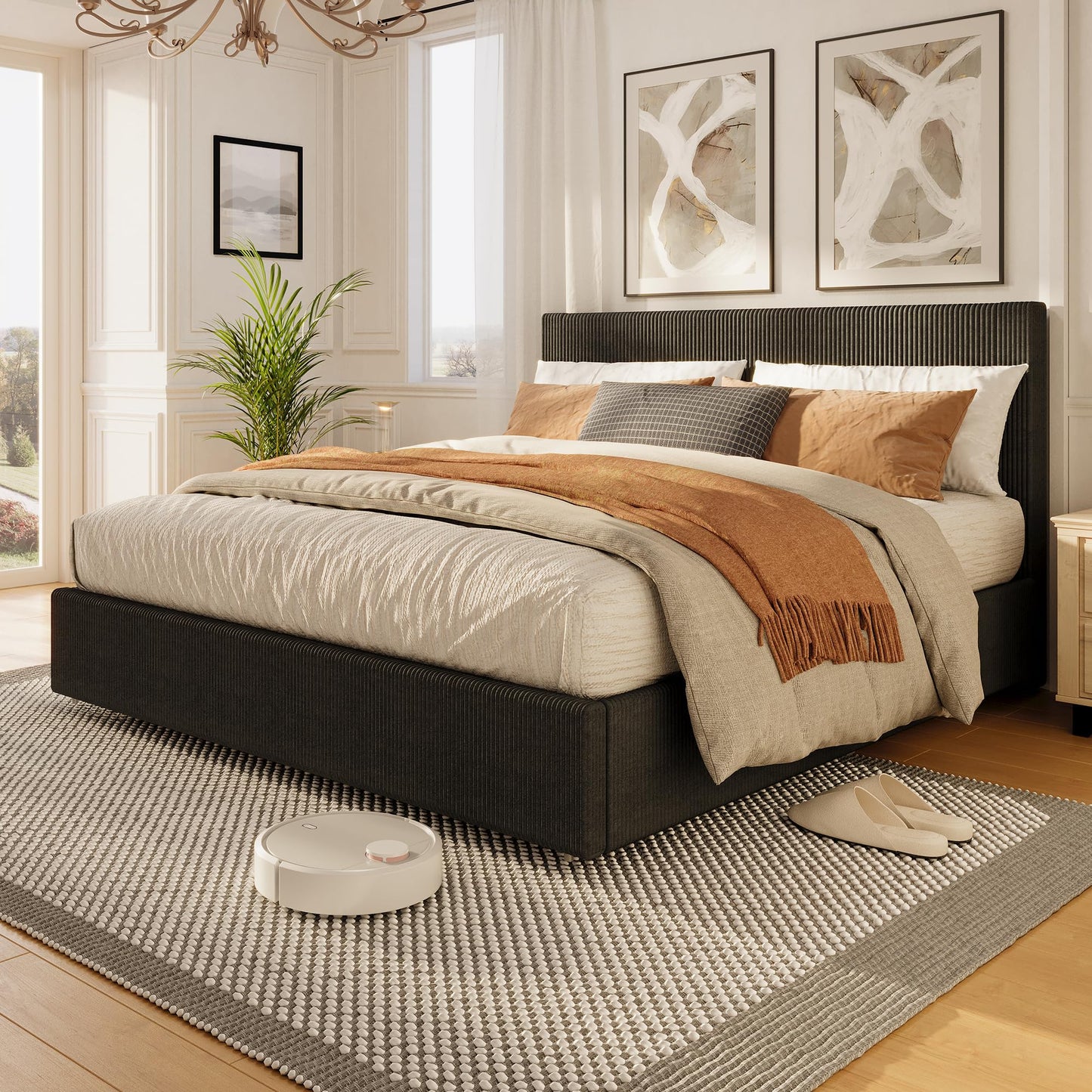 IDEALHOUSE Full Size Bed Frame with Tufted Wingback Headboard, Platform Corduroy Upholstered Bed Frame with 4 Storage Drawers and Wooden Slats Support, No Box Spring Needed, Black