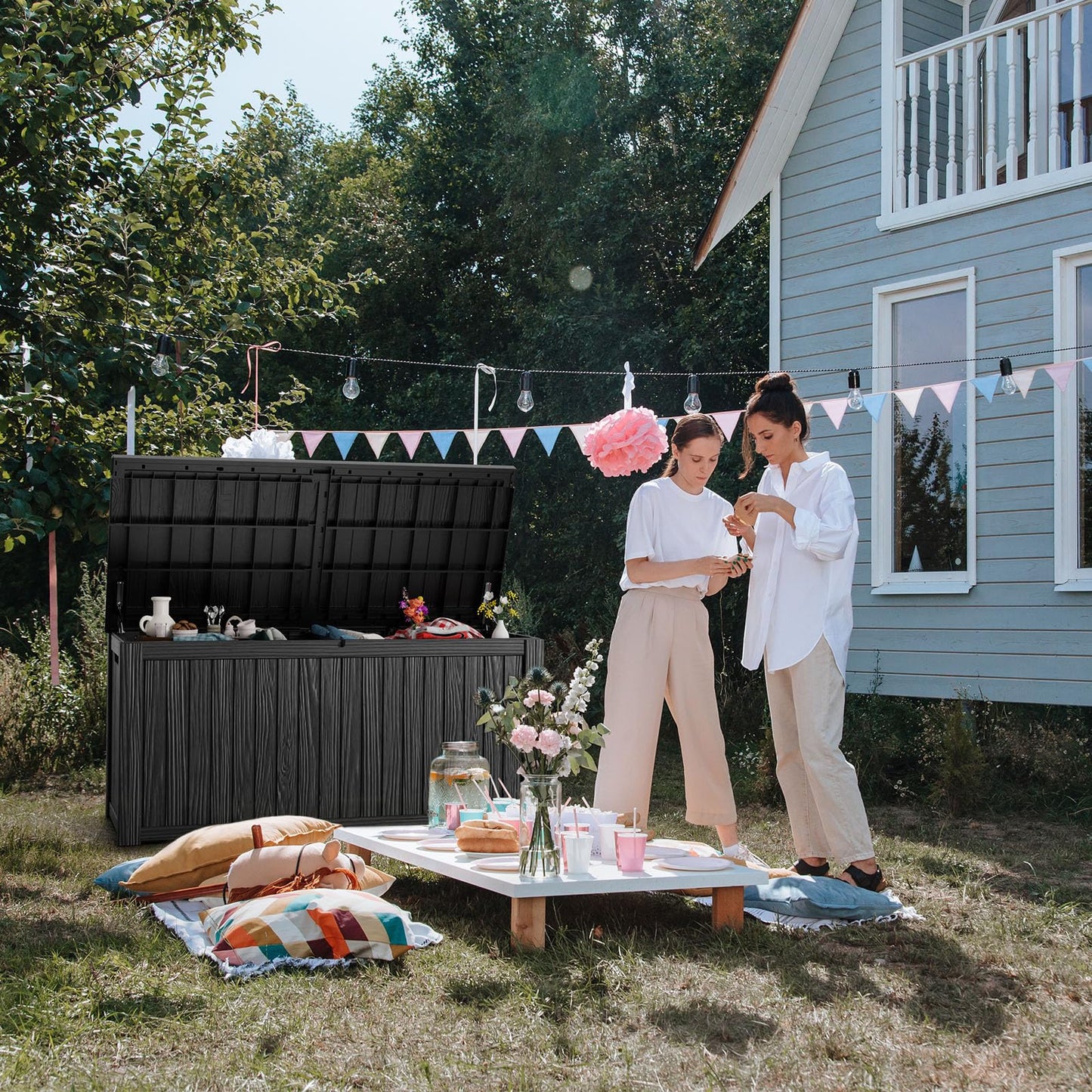 PatioZen 230 Gallon Resin Deck Box, Lockable Patio Outdoor Storage Box for Furniture, Garden Tools and Tools Storage, Waterproof Outside Storage Boxes - Black