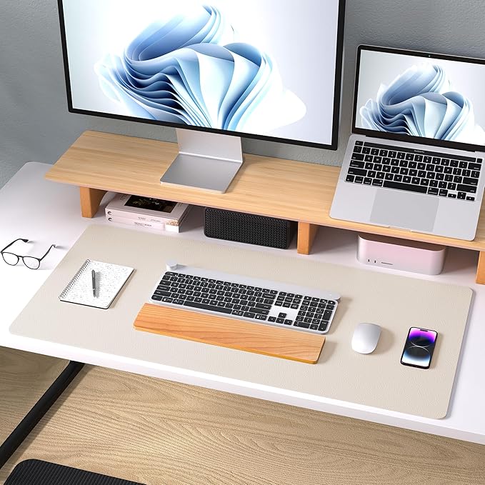 Aothia Large PU Leather Desk Pad Protector – Non-Slip Mouse Pad & Writing Mat for Office/Home, Waterproof, Easy to Clean (23.6" x 13.7", Eggshell)