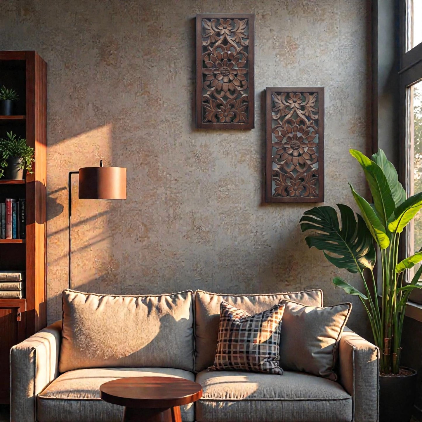Wood Wall Art -Wall Panels in Handcrafted Carved Wood For Livingroom Bedroom,Dining room,Elegant Decorative Wall Art for Home & Office 8x16" Set of 2 Burnt Brown_ Flowers Designs