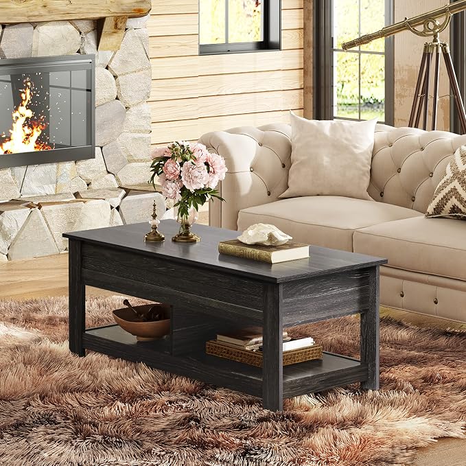 WLIVE Coffee Table, 47" Lift Top Coffee Table with Hidden Compartment and 2 Storage Shelves for Living Room, Black Oak