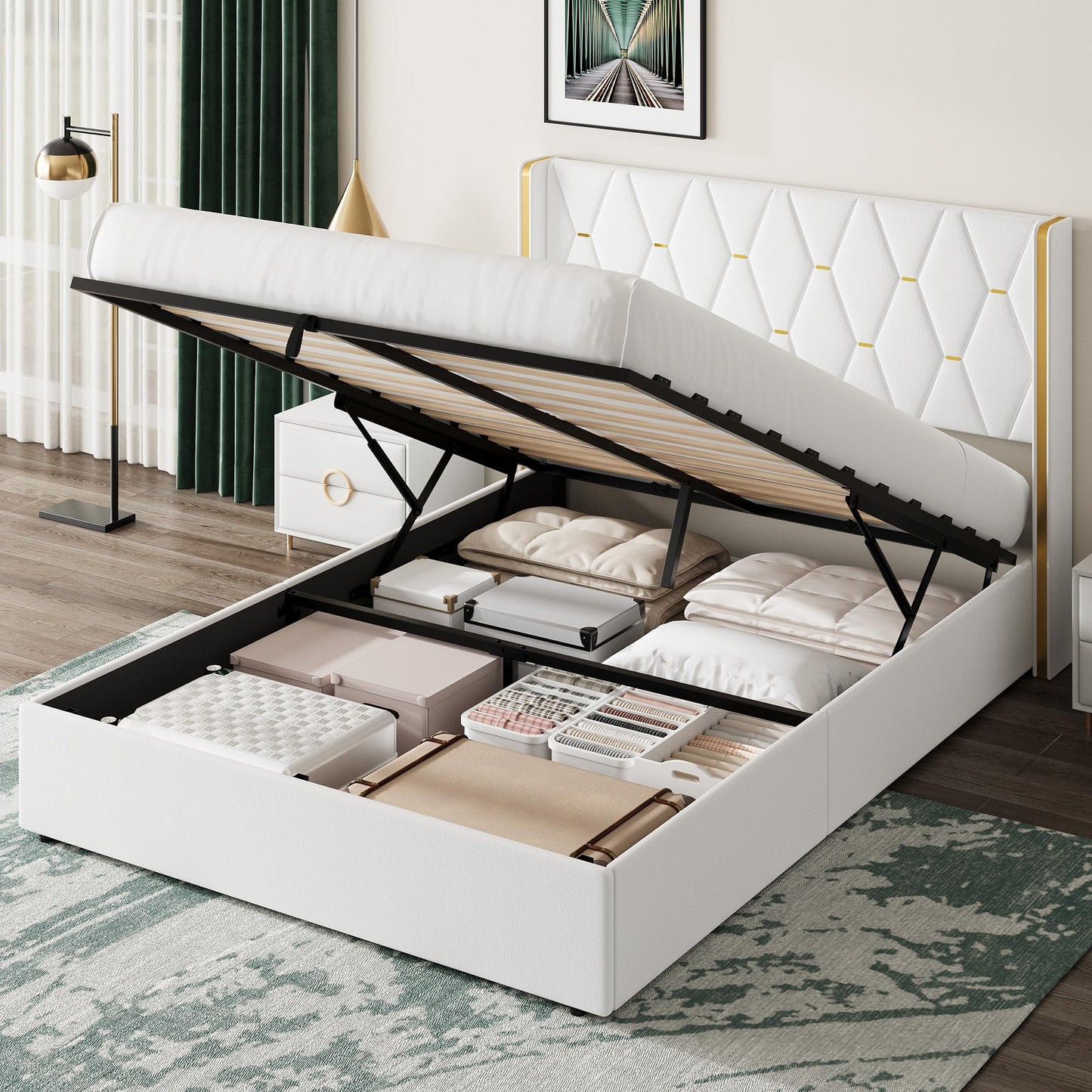 Garvee Queen Size Lift Up Storage Bed Frame with with Gold Wingback Headboard, Velvet Upholstered Bed Frame with Diamond Tufted Design & Gold Trim, Hydraulic Support, No Box Spring Needed, White