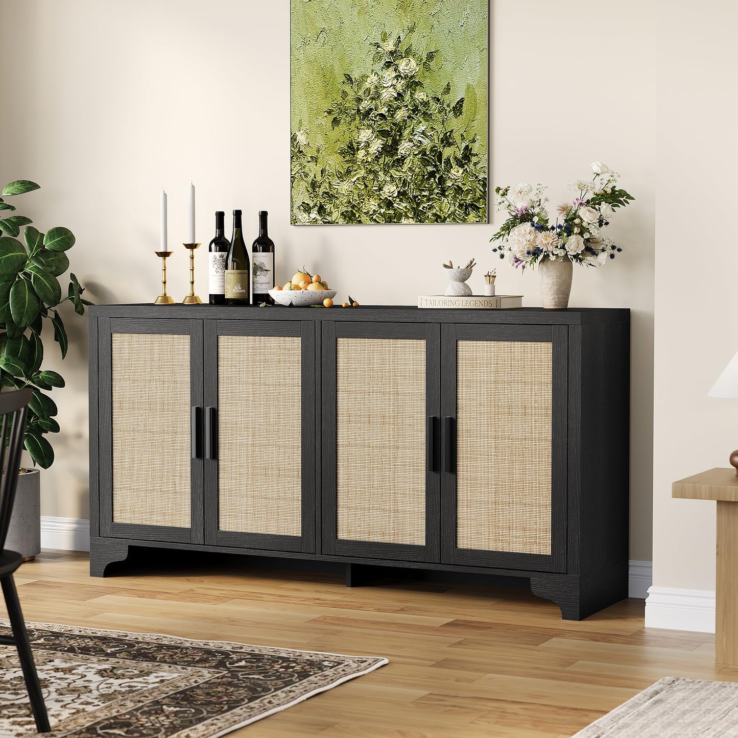 Farmhouse Large Sideboard Buffet with Natural Rattan Doors, 4-Door Storage Cabinet for Kitchen, Living Room, or Entryway, Spacious Storage Solution, Rustic Accent Cabinet for Home Organization