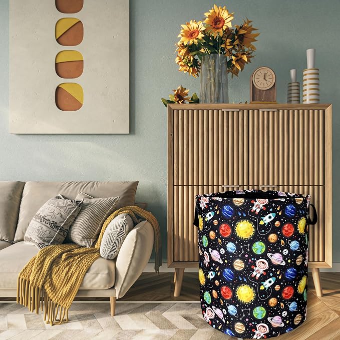 Funny Astronaut Laundry Basket Foldable With Handles Galaxy Tote Bag Oxford Cloth Colorful Planet Laundry Hamper Clothe Storage Bucket Toy Organizer 18.9"x16.5"For Bathroom/Laundry/Bedroom
