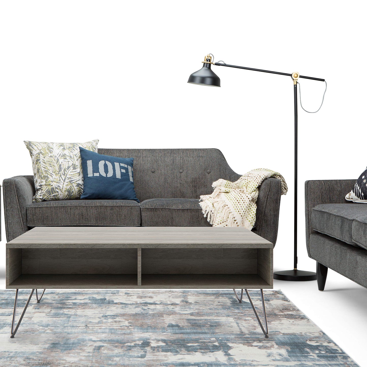 SIMPLIHOME Hunter SOLID MANGO WOOD and Metal 48 inch Wide Rectangle Industrial Lift Top Coffee Table in Grey for the Living Room and Family Room