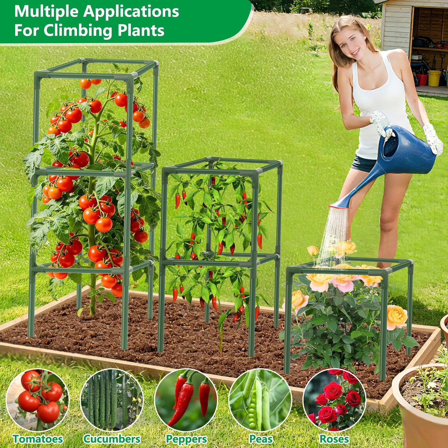 SprintGy 3 Pack Square Tomato Cages, 49'' Tall Heavy Duty Steel Tomato Trellis Kit for Garden, Plant Support Tower Stakes Cucumber Pepper Trellis for Climbing Vegetable Flowers