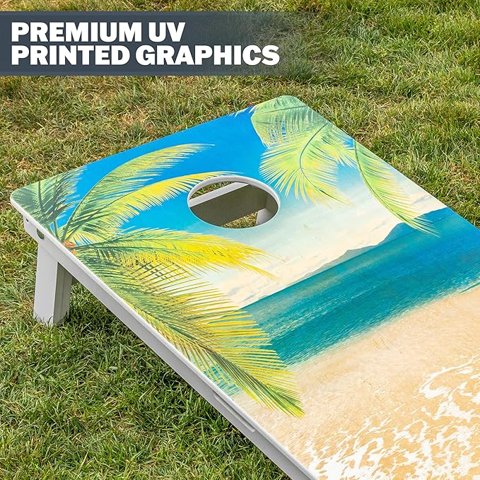 GoSports 4 x 2 ft Resort Collection All Weather Cornhole Boards - Choose Rustic, Beach, White DIY, Blue Stripe, Palms - Regulation Size Set