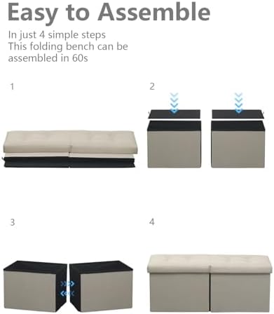 AmasSmile Storage Bench Folding Ottoman Foot Rest Stool, 34 inch Beige Linen Footstool Bench, Short Ottoman, Foot Rest Store as Books, and Blanket Storage or Others.