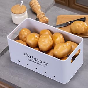 Simcat Kitchen Vegetable Storage Tins Set of 3, Potato Onion Garlic Kitchen Storage Canisters, Vegetable bin Keeper Containers with Aerating Holes and Wooden Lid (White)