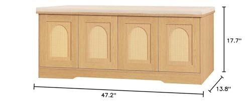 DINZI LVJ Shoe Bench, Entryway Storage Bench with Doors, Cushion, 2-Tier Shoe Rack with 8-Cubby, 47.2”L x 13.8”W Shoe Organizer Cabinet, Adjustable Shelf, Living Room, Bedroom, Natural with Rattan