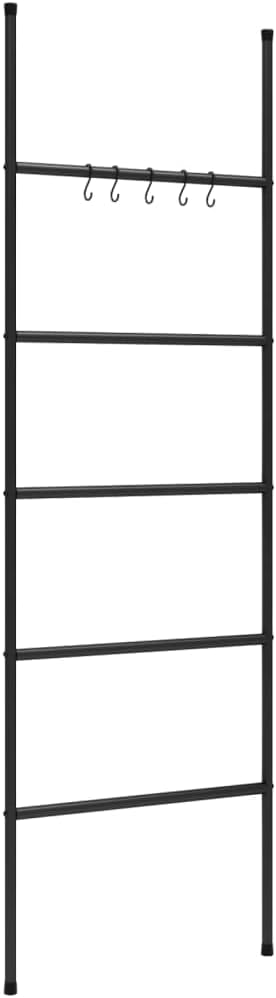 Iron 5 Tier Towel Rack Ladder, Black Free Standing Towel Holder with 5 Hooks, Sturdy Wall Leaning Storage Rack for Bathroom Living Room Bedroom Hallway, 22.8x68.9 Inches
