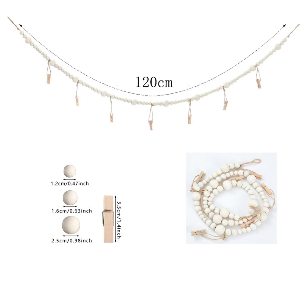 2PCS Hanging Photo Display Wall Decor,Boho Wooden Bead Garland Picture Hanging String with Clips for Dorm, Bedroom, Living Room, Office Cubicle Decor, Art Display Hangers for Artwork