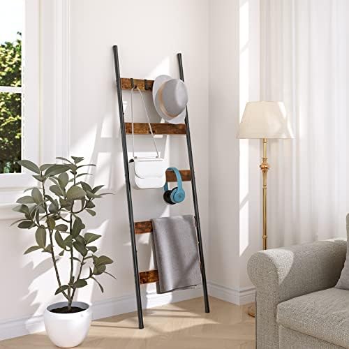 HOOBRO Blanket Ladder,Towel Rack with Hooks, Decorative Display Ladder Shelf, for Scarves, Industrial, Living Room, Bedroom, Rustic Brown and Black, BF52CJ01-BF13CJ01