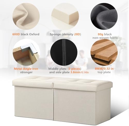 AmasSmile Storage Bench Folding Ottoman Foot Rest Stool, 34 inch Beige Linen Footstool Bench, Short Ottoman, Foot Rest Store as Books, and Blanket Storage or Others.
