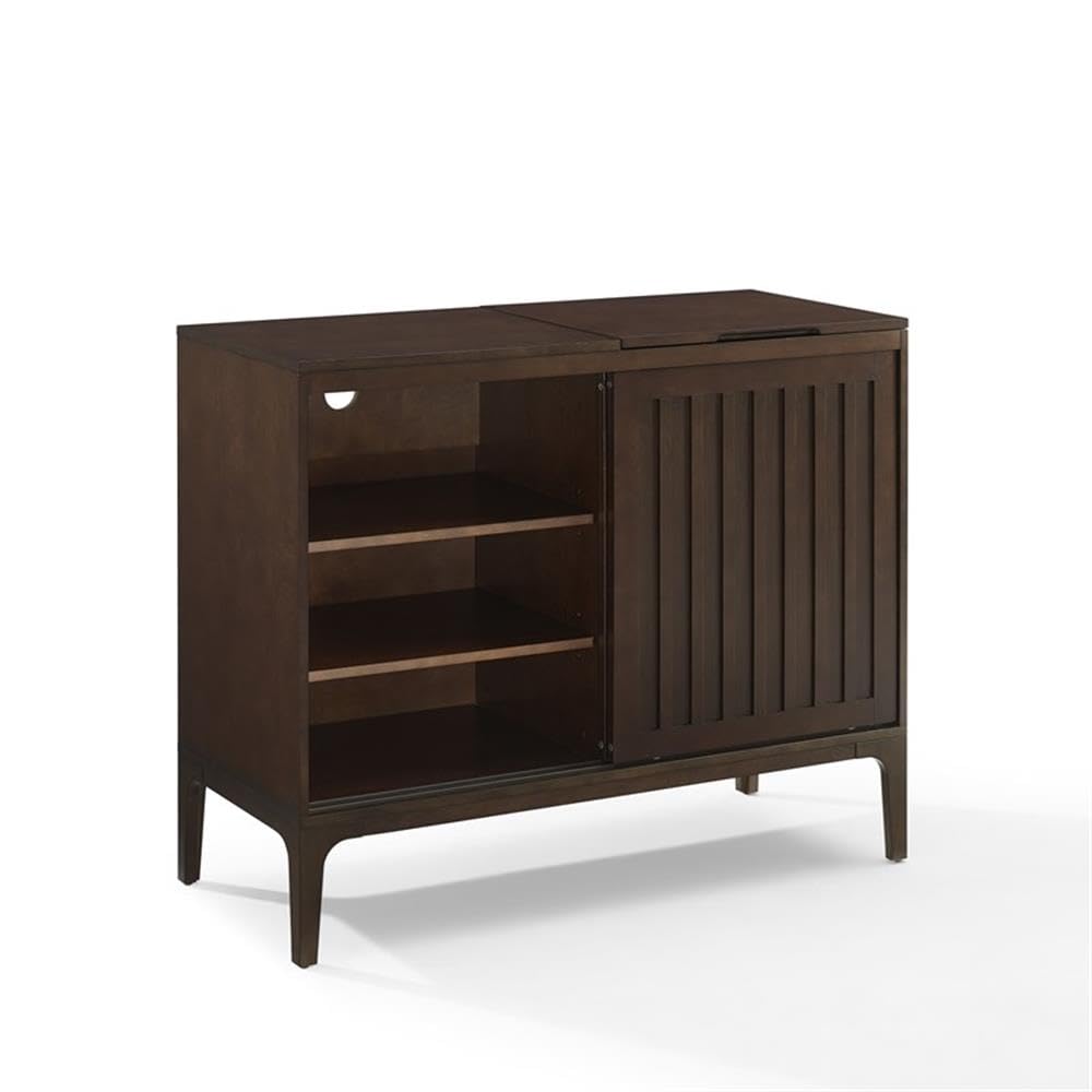 Pemberly Row Modern Record Storage Media Console, 42.13" Wide Wood Cabinet, Dark Brown Finish, Sliding Doors, Adjustable Shelves, Hinged Turntable Compartment, Mid-Century Style Entertainment Center