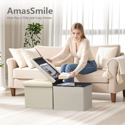 AmasSmile Storage Bench Folding Ottoman Foot Rest Stool, 34 inch Beige Linen Footstool Bench, Short Ottoman, Foot Rest Store as Books, and Blanket Storage or Others.