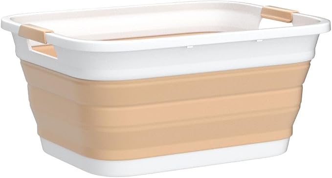 SAMMART 41L (10.8 gallon) Collapsible Plastic Laundry Basket - Foldable Pop Up Storage Container/Organizer - Portable Washing Tub - Water capacity: 32L (8.4 gallon) (Rectangular, White/Beige)