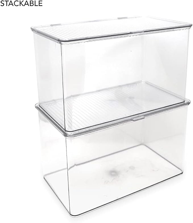 Isaac Jacobs Large Stackable Organizer Bin (10.75” x 6.5” x 6.1”) w Hinged Lid Clear Storage Box Home Office School Fridge Bathroom Kitchen Pantry Container BPAFree Food Safe (Large Clear)