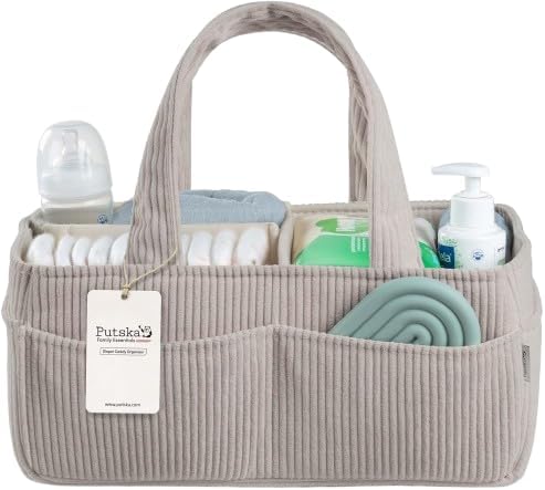 PUTSKA Baby Diaper Caddy Organizer for Changing Table – Stylish Nursery Storage Basket, Newborn Essentials, Baby Shower Gifts and Registry Must-Haves for Boy or Girl, Car Diaper Caddy, Corduroy Grey