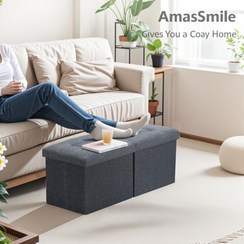 AmasSmile Storage Bench Folding Ottoman Foot Rest Stool, 34 inch Grey Linen Footstool, Short Ottoman Bench, Foot Rest Store as Books, and Blanket Storage or Others
