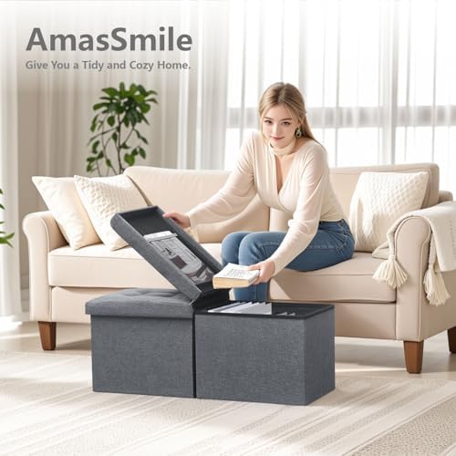 AmasSmile Storage Bench Folding Ottoman Foot Rest Stool, 34 inch Grey Linen Footstool, Short Ottoman Bench, Foot Rest Store as Books, and Blanket Storage or Others