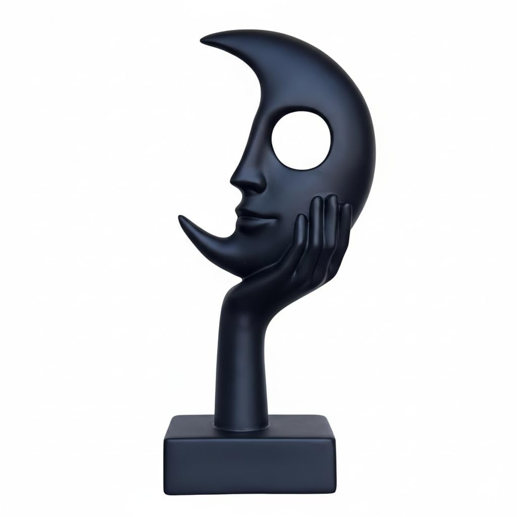 Lodkksg Thinker Statue, Abstract Moon face Black Sculpture, Modern Home Decor Ornament, Suitable for Office, TV Cabinet, Desk, Study, Fireplace Mantel, Resin Statue (Black)